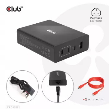 Ταξιδιωτικός φορτιστής CLUB3D 132W τεχνολογία GaN, τέσσερις θύρες USB Type-A και -C, υποστήριξη Power Delivery (PD) 3.0