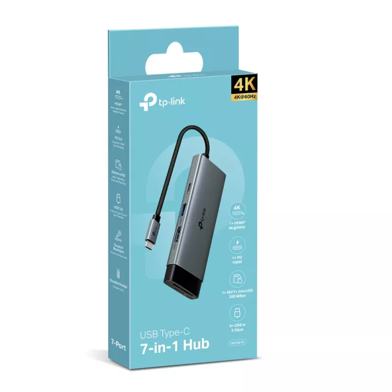 Hub USB Type-C TP-Link UH7021C — HDMI, USB 3.2 Gen1, USB 2.0, SD/microSD, 5000 Mbit/s, αλουμίνιο μαύρο
