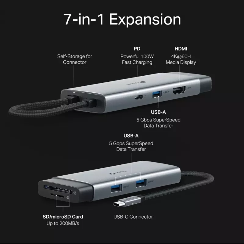 Hub USB Type-C TP-Link UH7021C — HDMI, USB 3.2 Gen1, USB 2.0, SD/microSD, 5000 Mbit/s, αλουμίνιο μαύρο