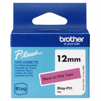 Μελανοταινία ετικετών Brother BTAG-P31 Μαύρο σε Ροζ 1,2 cm 4 m