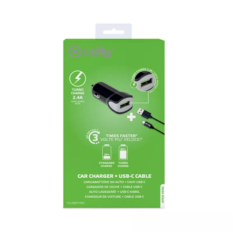 Celly CCUSBTYPEC φορητός φορτιστής Smartphone, Tablet Μαύρος Αναπτήρας αυτοκινήτου