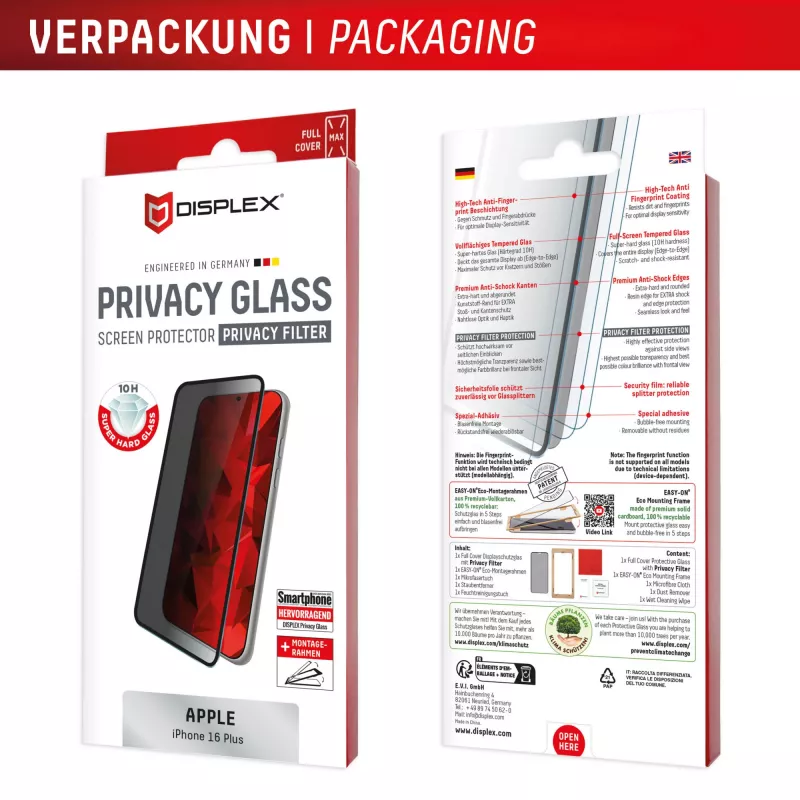 Displex Privacy Screen Protector (10H) για Apple iPhone 16 Plus, Eco πλαίσιο τοποθέτησης, φίλτρο απορρήτου