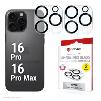 Displex Full Cover γυαλί φακού κάμερας iPhone 16 Pro/16 Pro Max, 10H, πλήρης προστασία κάμερας, γρήγορη τοποθέτηση, συσκευασία 2 τεμ.