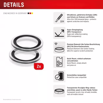 Displex Premium Γυαλί φακού κάμερας, iPhone Air Γυαλί, 10H, μεμονωμένοι δακτύλιοι, DLC, διαφανές, Quick Mount
