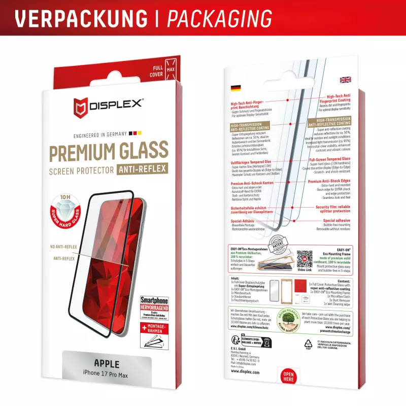 Displex Premium Screen Protector (Full Cover, 10H) για Apple iPhone 17 Pro Max, Eco πλαίσιο τοποθέτησης, Full Cover