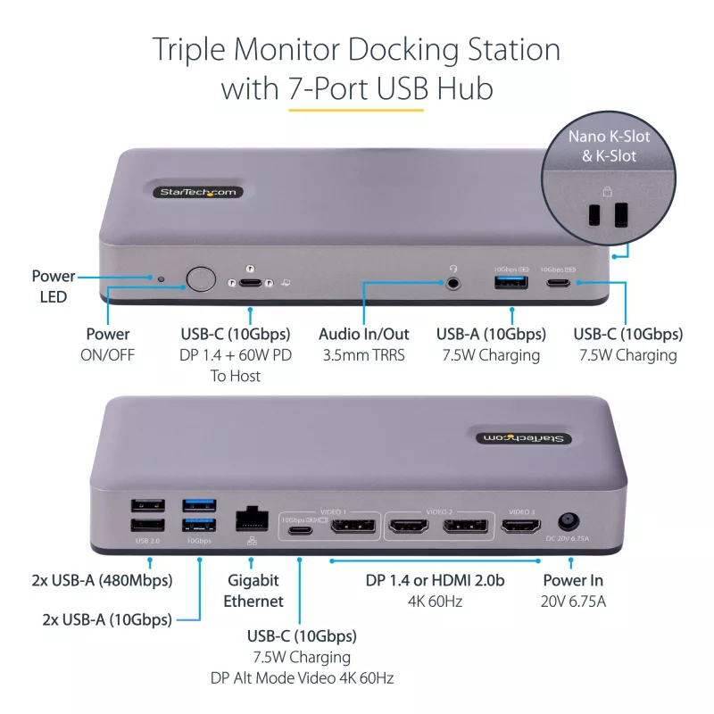 StarTech.com DK31C3MNCRUE Βάση laptop/πολλαπλασιαστής θυρών Ενσύρματο USB 3.2 Gen 2 (3.1 Gen 2) Type C