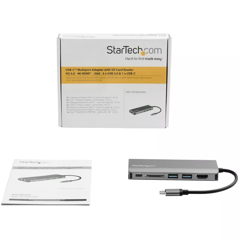 StarTech.com Προσαρμογέας USB C Multiport – USB-C Travel Dock με 4K HDMI, 3x USB 3.0 Hub, SD/SDHC, GbE, 60W PD 3.0 Pass-Through – USB Type-C/Thunderbolt 3 – Αντικαθιστά DKT30CSDHPD