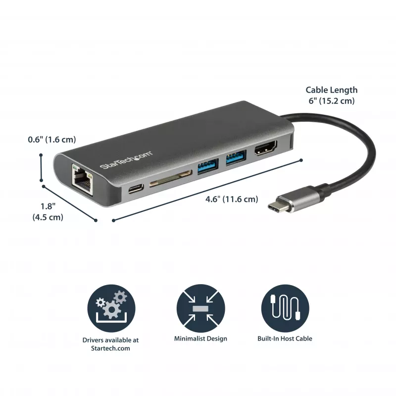 StarTech.com Προσαρμογέας USB C Multiport – USB-C Travel Dock με 4K HDMI, 3x USB 3.0 Hub, SD/SDHC, GbE, 60W PD 3.0 Pass-Through – USB Type-C/Thunderbolt 3 – Αντικαθιστά DKT30CSDHPD