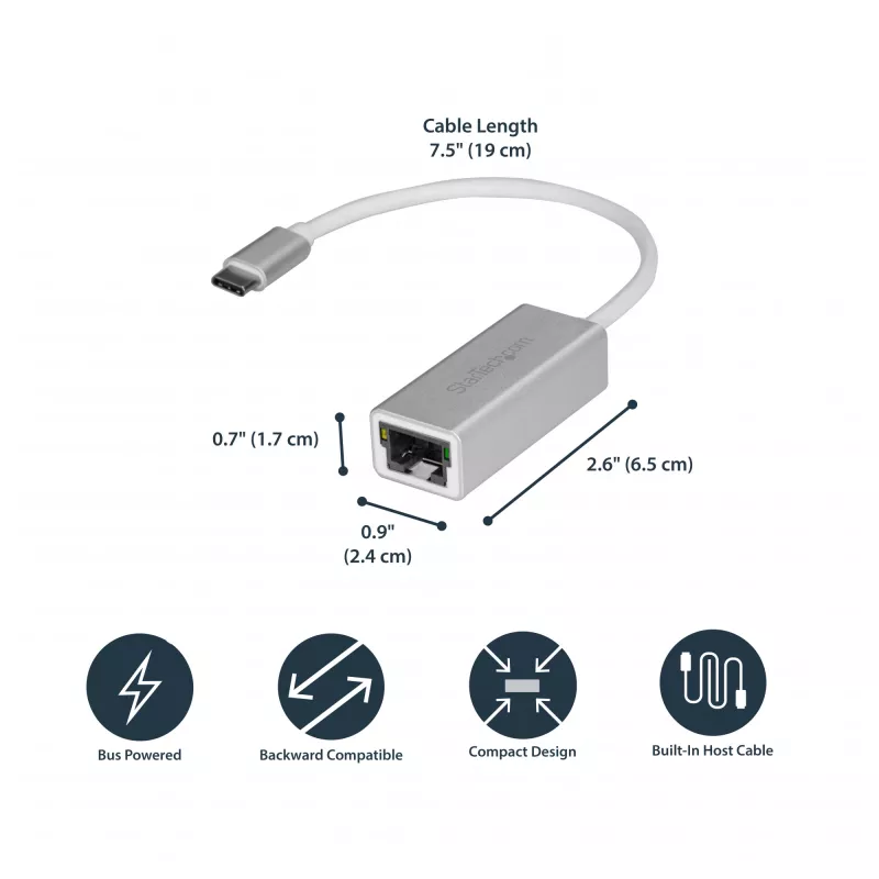StarTech.com Προσαρμογέας δικτύου USB-C σε Gigabit – Ασημί, Ενσύρματο, USB, Ethernet, 5000 Mbit/s, Ασημί