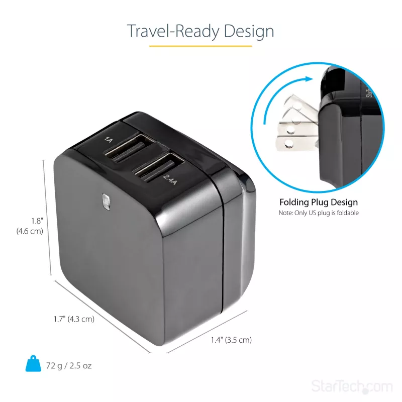 StarTech.com Φορτιστής τοίχου USB διπλής θύρας – διεθνή ταξίδια – 17W/3,4A – μαύρο
