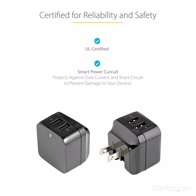 StarTech.com Φορτιστής τοίχου USB διπλής θύρας – διεθνή ταξίδια – 17W/3,4A – μαύρο