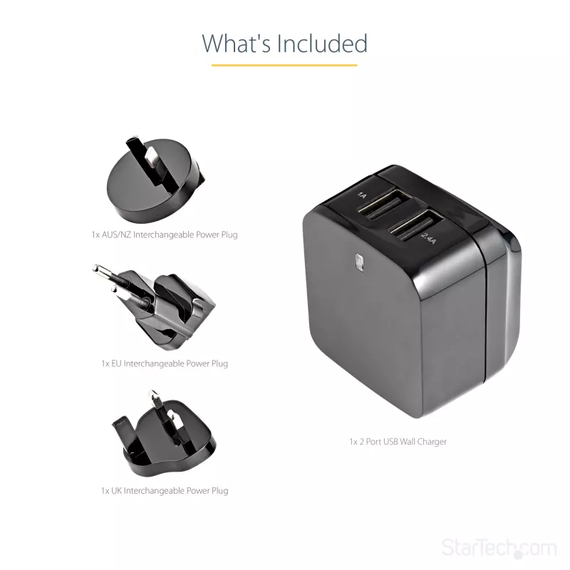 StarTech.com Φορτιστής τοίχου USB διπλής θύρας – διεθνή ταξίδια – 17W/3,4A – μαύρο