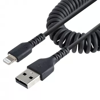 StarTech.com Καλώδιο USB σε Lightning 50cm (20in), πιστοποιημένο MFi, σπειροειδές καλώδιο φόρτισης iPhone, Μαύρο, ανθεκτικό περίβλημα TPE με ίνες αραμιδίου, ανθεκτικό σπειροειδές καλώδιο Lightning