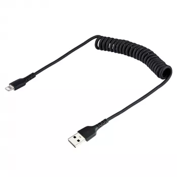 StarTech.com Καλώδιο USB σε Lightning 50cm (20in), πιστοποιημένο MFi, σπειροειδές καλώδιο φόρτισης iPhone, Μαύρο, ανθεκτικό περίβλημα TPE με ίνες αραμιδίου, ανθεκτικό σπειροειδές καλώδιο Lightning