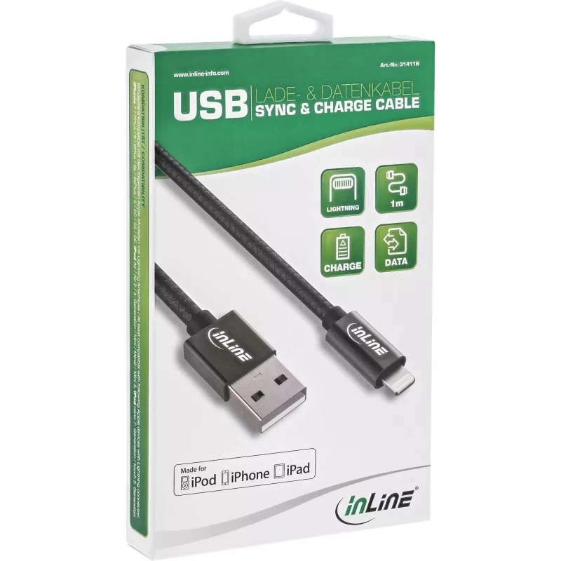 InLine Καλώδιο Lightning USB, για iPad, iPhone, iPod, μαύρο/αλουμίνιο, 1m MFi-πιστοποιημένο