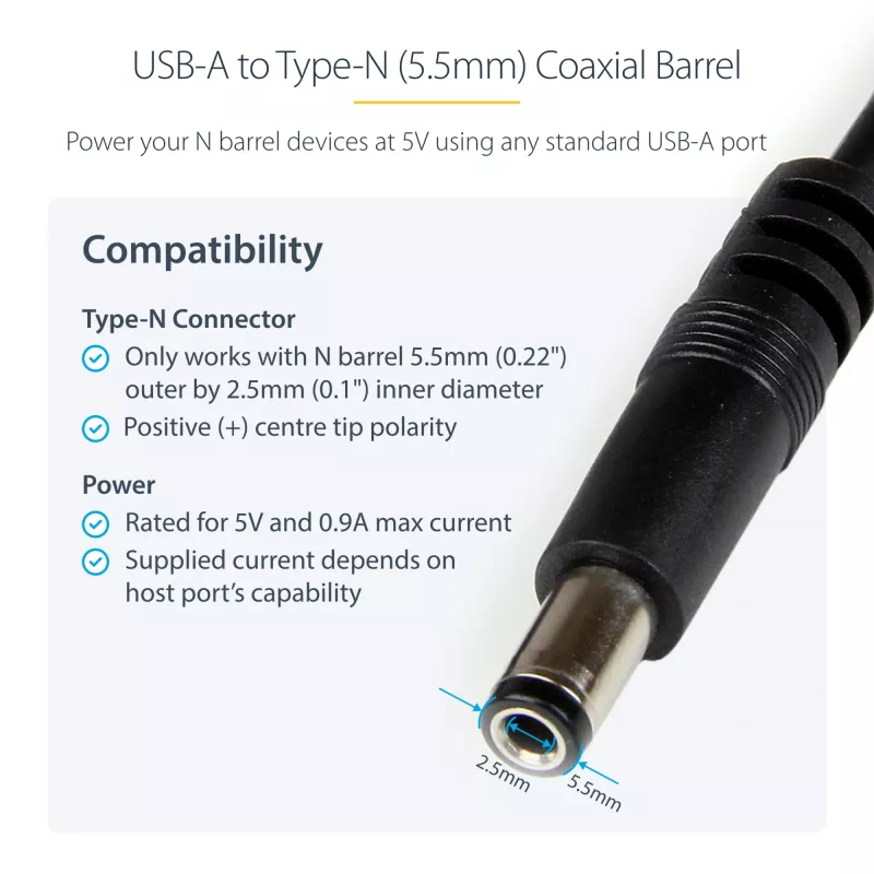 StarTech.com Καλώδιο USB σε 5,5 mm τροφοδοσίας – βύσμα Type N – 1 m, 1 m, USB A, βύσμα Type N