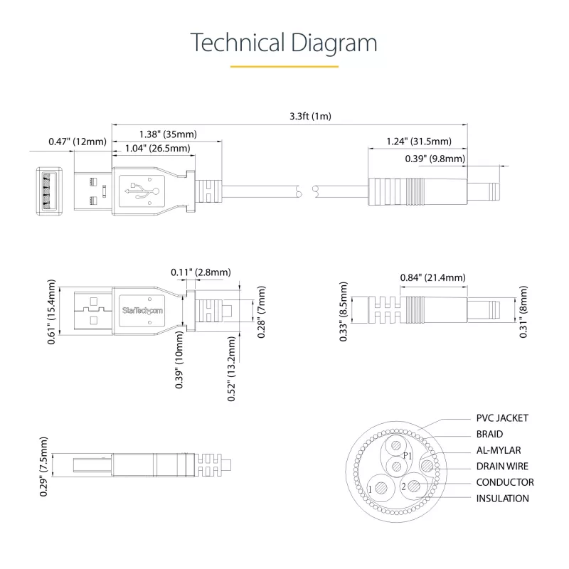 StarTech.com Καλώδιο USB σε 5,5 mm τροφοδοσίας – βύσμα Type N – 1 m, 1 m, USB A, βύσμα Type N