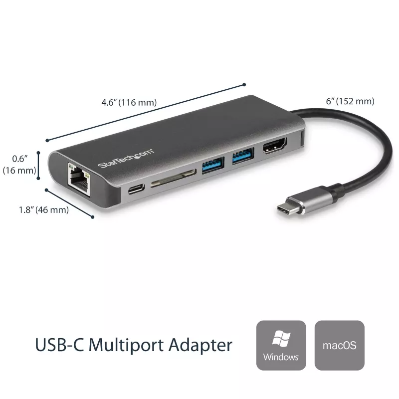 StarTech.com Προσαρμογέας πολλαπλών θυρών USB-C, φορητό dock USB-C σε 4K HDMI, 2-πλό hub USB 3.0, SD/SDHC, GbE, 60W PD Pass-Through – USB Type-C/Thunderbolt 3 – ΑΝΤΙΚΑΘΙΣΤΑΤΑΙ ΑΠΟ DKT30CHSDPD1