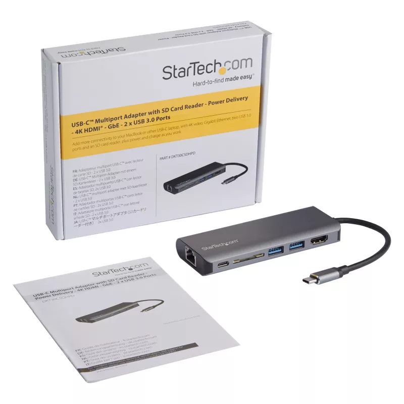 StarTech.com Προσαρμογέας πολλαπλών θυρών USB-C, φορητό dock USB-C σε 4K HDMI, 2-πλό hub USB 3.0, SD/SDHC, GbE, 60W PD Pass-Through – USB Type-C/Thunderbolt 3 – ΑΝΤΙΚΑΘΙΣΤΑΤΑΙ ΑΠΟ DKT30CHSDPD1