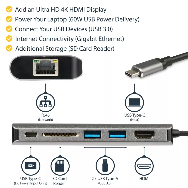 StarTech.com Προσαρμογέας πολλαπλών θυρών USB-C, φορητό dock USB-C σε 4K HDMI, 2-πλό hub USB 3.0, SD/SDHC, GbE, 60W PD Pass-Through – USB Type-C/Thunderbolt 3 – ΑΝΤΙΚΑΘΙΣΤΑΤΑΙ ΑΠΟ DKT30CHSDPD1