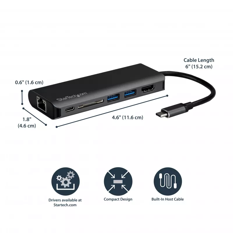 StarTech.com Προσαρμογέας πολλαπλών θυρών USB-C, φορητό dock USB-C σε 4K HDMI, 2-πλό hub USB 3.0, SD/SDHC, GbE, 60W PD Pass-Through – USB Type-C/Thunderbolt 3 – ΑΝΤΙΚΑΘΙΣΤΑΤΑΙ ΑΠΟ DKT30CHSDPD1