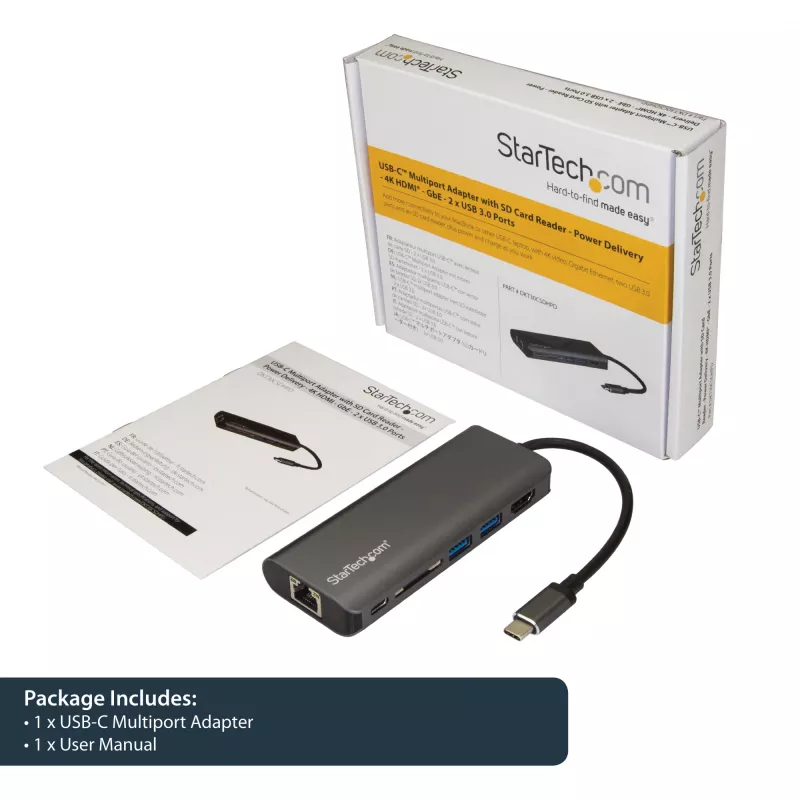StarTech.com Προσαρμογέας πολλαπλών θυρών USB-C, φορητό dock USB-C σε 4K HDMI, 2-πλό hub USB 3.0, SD/SDHC, GbE, 60W PD Pass-Through – USB Type-C/Thunderbolt 3 – ΑΝΤΙΚΑΘΙΣΤΑΤΑΙ ΑΠΟ DKT30CHSDPD1