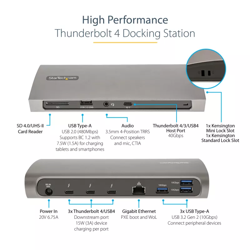 StarTech.com σταθμός Thunderbolt 4, 96W Power Delivery, μονή 8K/διπλή οθόνη 4K 60Hz, 3xTB4/USB4 θύρες, 4xUSB-A, SD, GbE, σταθμός σύνδεσης Thunderbolt 4 για Windows ή TB3 MacBook, καλώδιο 0,8m