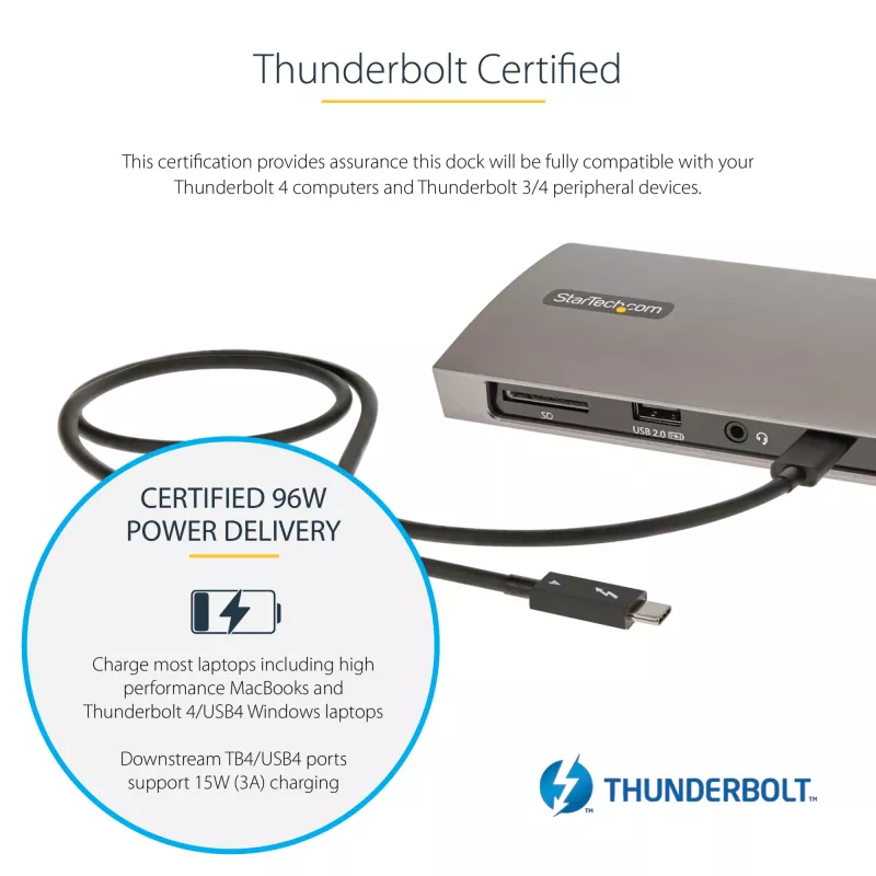 StarTech.com σταθμός Thunderbolt 4, 96W Power Delivery, μονή 8K/διπλή οθόνη 4K 60Hz, 3xTB4/USB4 θύρες, 4xUSB-A, SD, GbE, σταθμός σύνδεσης Thunderbolt 4 για Windows ή TB3 MacBook, καλώδιο 0,8m