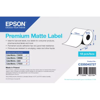Epson Premium Matt ετικέτα - συνεχές ρολό: 105 mm x 35 m, λευκό, αυτοκόλλητη ετικέτα εκτυπωτή, συνεχής ετικέτα, ακρυλικό, μόνιμο, ματ