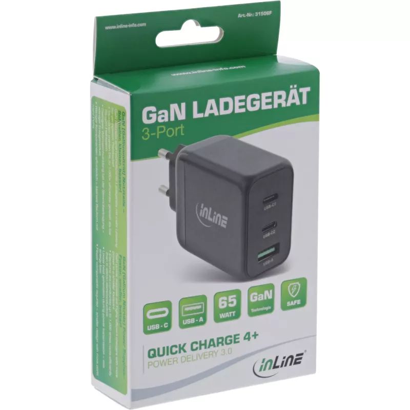 InLine Τροφοδοτικό USB PD, φορτιστής GaN, 3 θυρών, Dual USB-C + USB-A, 65W