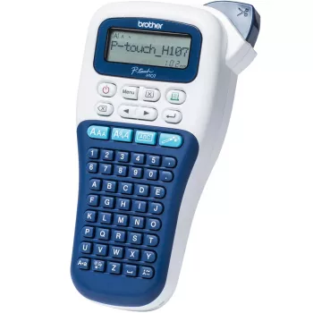 Εκτυπωτής ετικετών Brother PT-H107B — θερμομεταφορά, 180×180 DPI, 20 mm/s, ταινίες TZe 3,5/6/9/12 mm, LCD, μπαταρία AAA