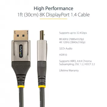 StarTech.com Καλώδιο DisplayPort 1.4 1ft (30cm) - 8K 60Hz HDR10 - Βίντεο Ultra HD 4K 120Hz - Καλώδιο DP 1.4 - Για οθόνες/οθόνες - Καλώδιο DisplayPort σε DisplayPort - M/M