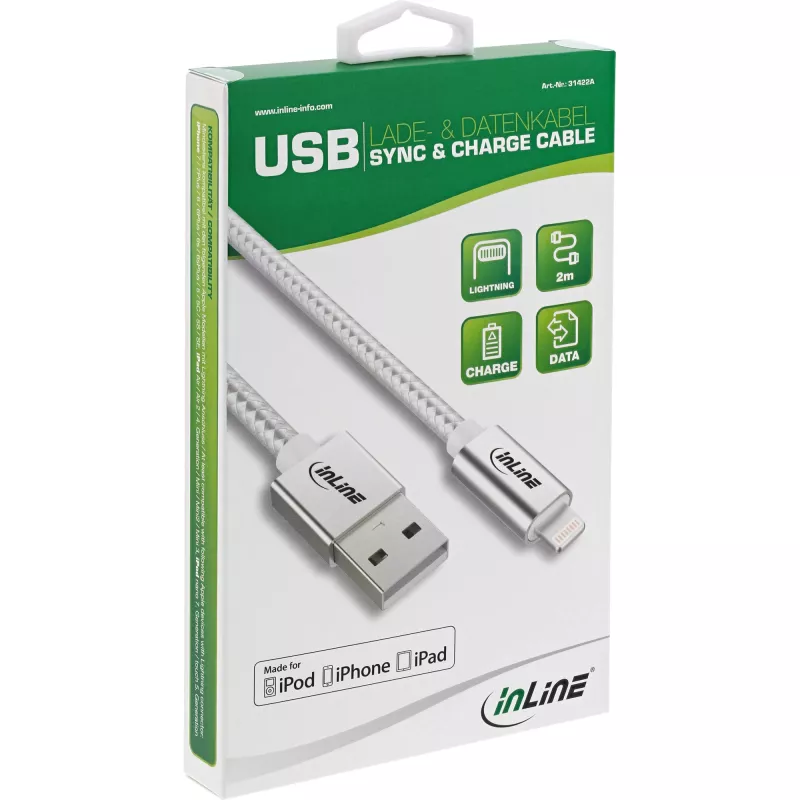 InLine Καλώδιο Lightning USB, για iPad, iPhone, iPod, ασημί/alu 1 m MFi-certified