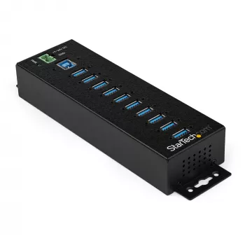 StarTech.com Hub USB 3.0 10 Θυρών με τροφοδοτικό - Βιομηχανικό Hub USB-A από μέταλλο με προστασία ESD και υπέρτασης 350 W – Τοποθέτηση σε ράγα DIN/τοίχο/τραπέζι - High-Speed Hub USB 3.2 Gen 1 (5 Gbit/s)