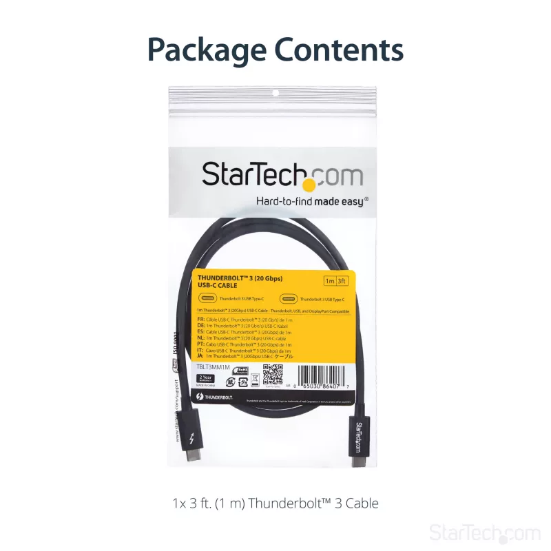 StarTech.com Καλώδιο USB-C Thunderbolt 3 (20Gbps) 1m – Συμβατό με Thunderbolt, USB και DisplayPort