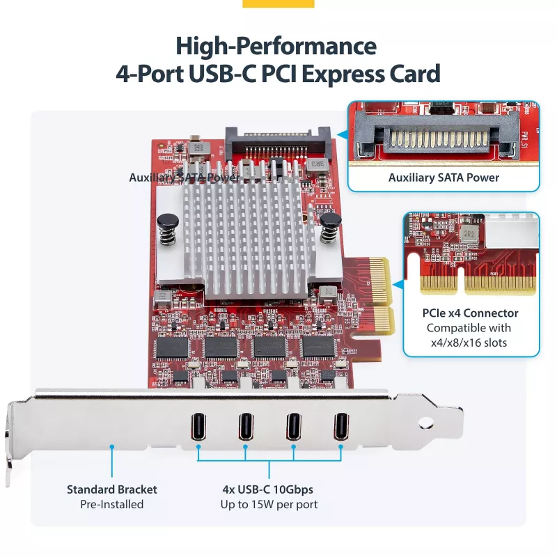 StarTech.com Κάρτα PCIe USB Type-C 4 θυρών, USB 3.2 10Gbps, Κάρτα επέκτασης USB-C PCI Express, 4x ανεξάρτητοι ελεγκτές USB, Windows/Linux/macOS, συμμορφούμενη με TAA
