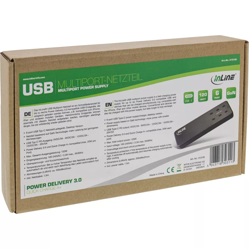 Τροφοδοτικό πολλαπλών θυρών InLine, φορτιστής, 6x USB-C, PD 3.0, GaN, μαύρο