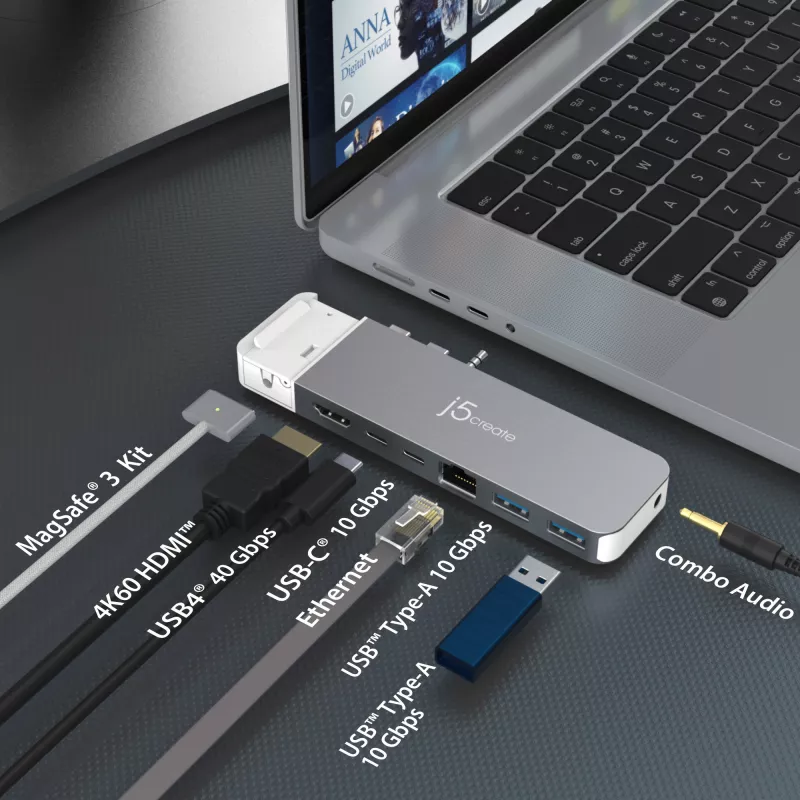 USB Hub j5create JCD395 4K60 Elite Pro ενσύρματο USB4 με κιτ MagSafe
