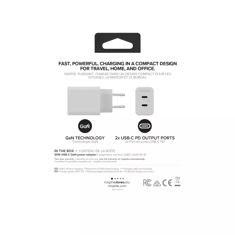 Αξεσουάρ mophie, τροφοδοτικό – USB-C-PD-DUAL-45W-GAN – Λευκό – EU (2x USB-C)