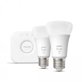 Philips Hue White Starter-Kit: 2 E27 Smart Bulbs (1100), Smart-Beleuchtungskit, Bluetooth/Zigbee, Λευκό, LED, E27, A60