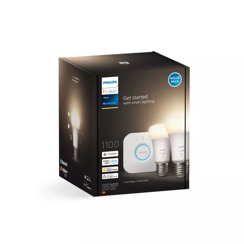 Philips Hue White Starter-Kit: 2 E27 Smart Bulbs (1100), Smart-Beleuchtungskit, Bluetooth/Zigbee, Λευκό, LED, E27, A60