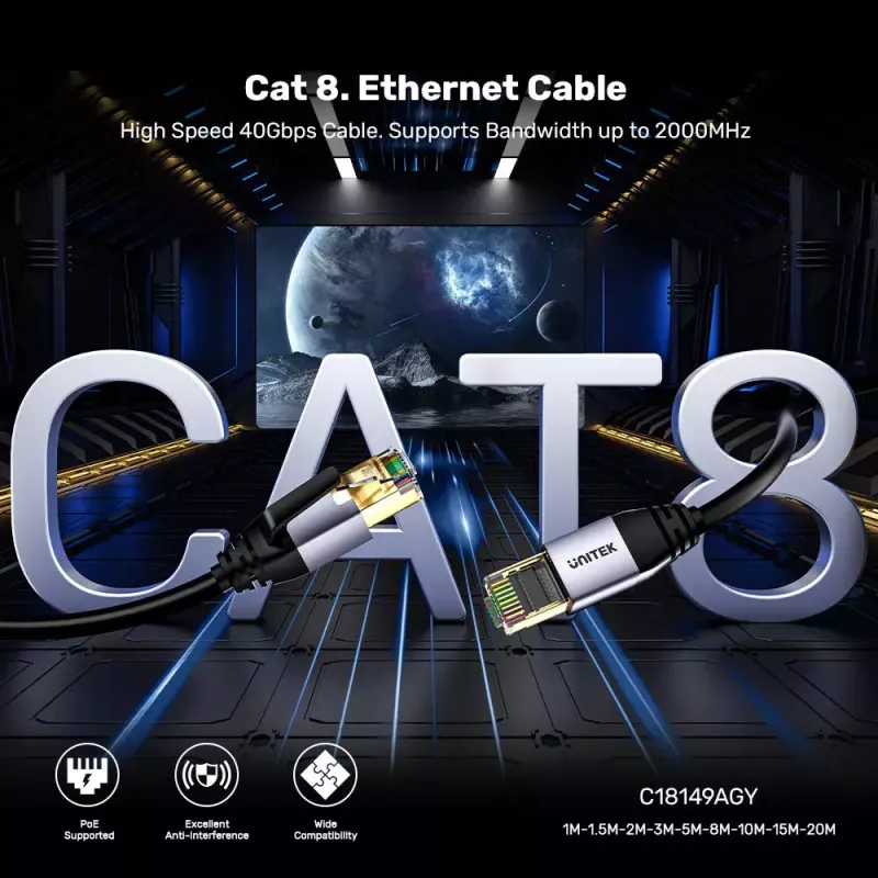 Καλώδιο δικτύου UNITEK C18149AGY03-2M RJ-45 Cat8 2m μαύρο