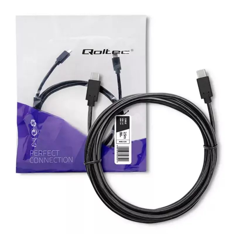 Qoltec 52352 καλώδιο USB-C σε USB-C, USB 3.1, 5 Gbit/s, 2,5 m, μαύρο