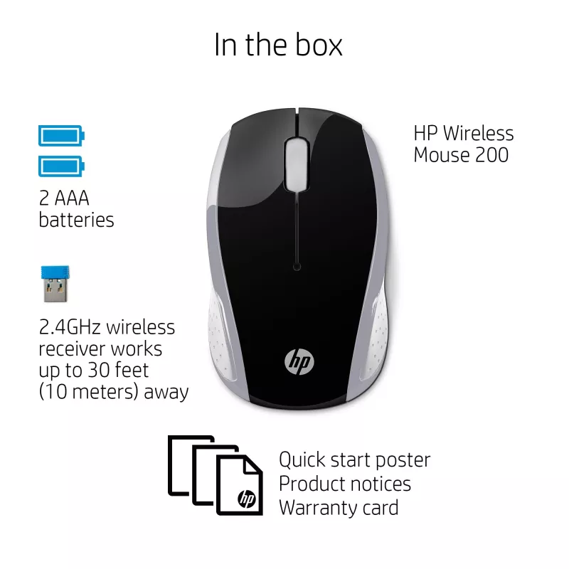 HP Wireless Ποντίκι 200 (Pike Silver), αμφιδέξιο, οπτικό, RF Wireless, 1000 DPI, Ασημί