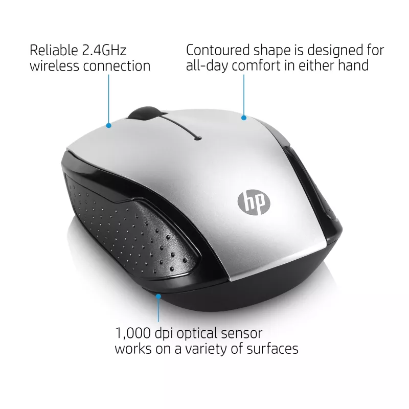 HP Wireless Ποντίκι 200 (Pike Silver), αμφιδέξιο, οπτικό, RF Wireless, 1000 DPI, Ασημί
