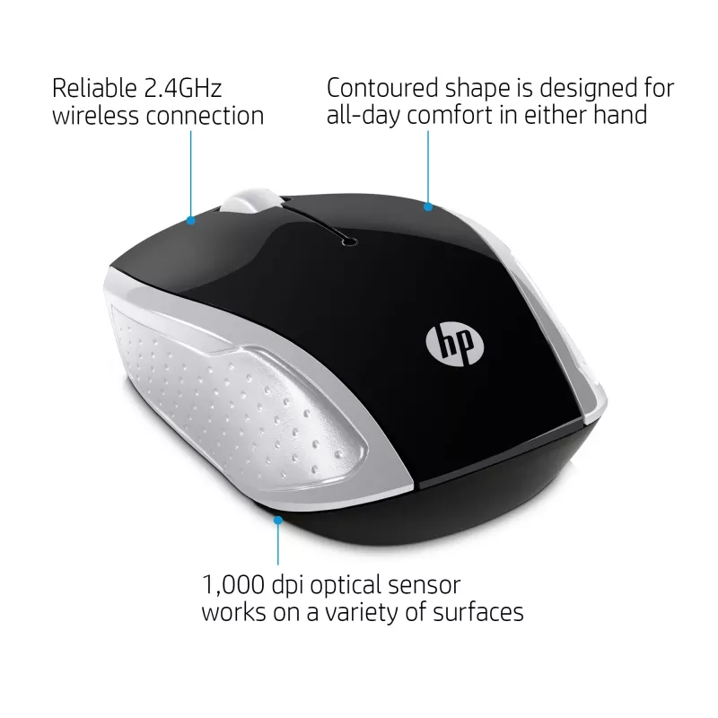 HP Wireless Ποντίκι 200 (Pike Silver), αμφιδέξιο, οπτικό, RF Wireless, 1000 DPI, Ασημί