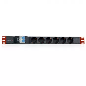 Techly 100471 PDU rack 19 ιντσών 1U πολύπριζο, 6x Schuko, 250 V/16 A, καλώδιο 3 m, διπλός διακόπτης, μαύρο