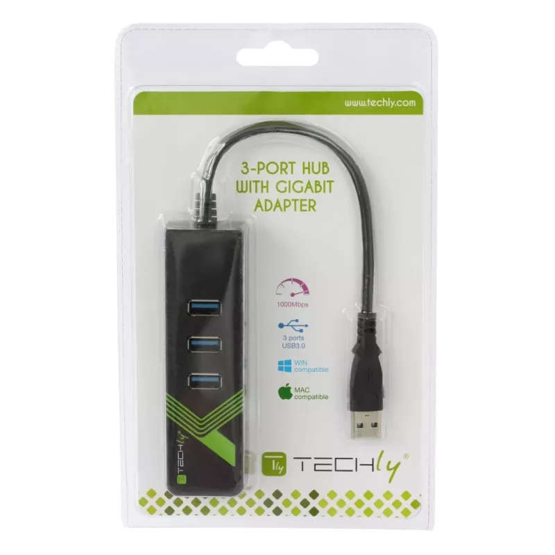 Techly IDATA-USB-ETGIGA-3U2 (105803) προσαρμογέας USB 3.0 σε Gigabit Ethernet με διανομέα USB 3.0 3 θυρών, USB-A, RJ45, αλουμίνιο