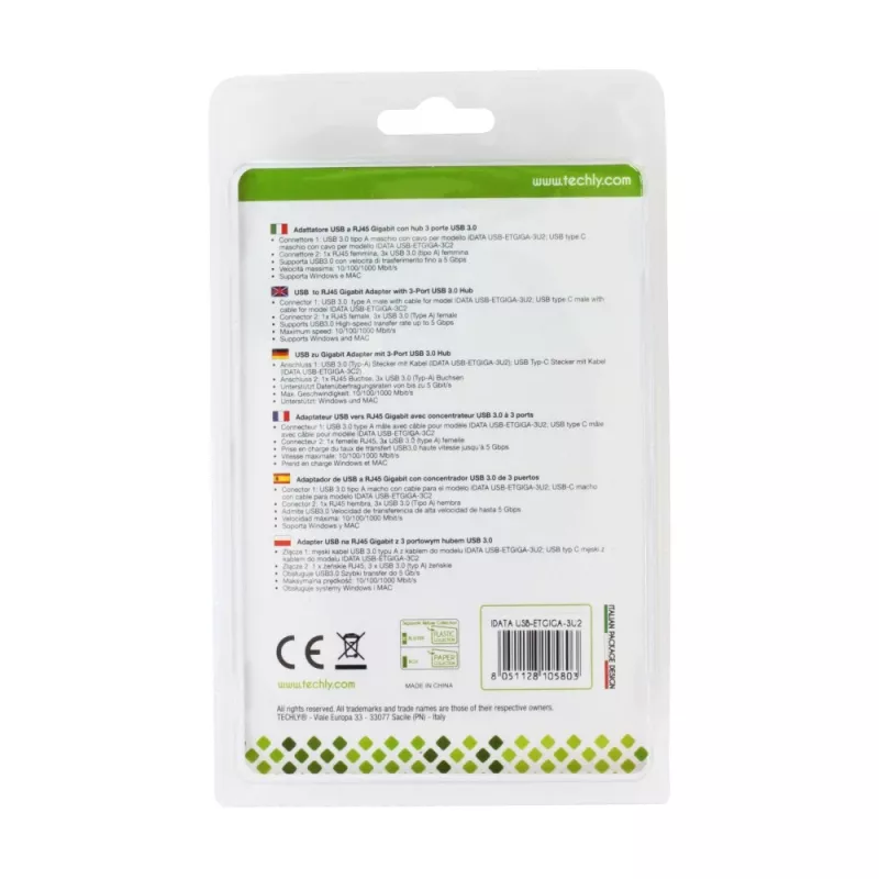 Techly IDATA-USB-ETGIGA-3U2 (105803) προσαρμογέας USB 3.0 σε Gigabit Ethernet με διανομέα USB 3.0 3 θυρών, USB-A, RJ45, αλουμίνιο