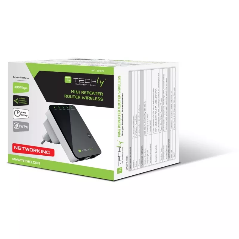 Techly I-WL-REPEATER2 (301078) ασύρματο μίνι router / επαναλήπτης 300N πρίζας, Wi-Fi 4 (802.11n), 2,4 GHz, 300 Mbps